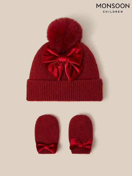 Red - Monsoon Baby Bow Beanie Hat & Mittens Set