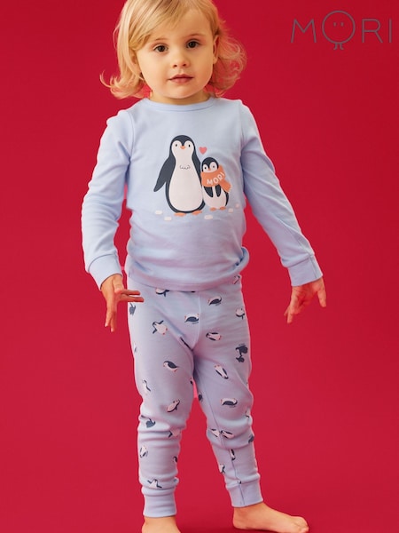 Blue - Mori Penguin Print Soft Cotton Pyjama Set