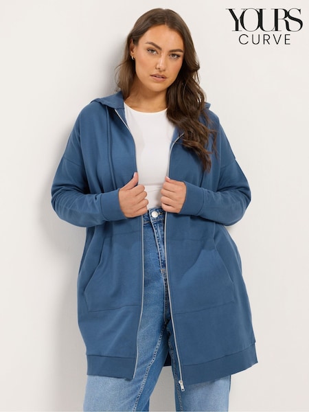 Plavo - Yours Curve Longline Zip Through Dukserica sa kapuljačom