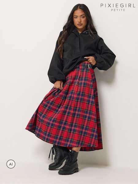 Red - Pixiegirl Petite Checked Buckle Midi Skirt