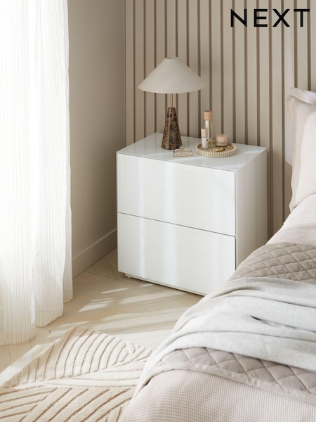 White Sloane Glass Collection Luxe 2 Drawer Wide Bedside Table (138781) | €520