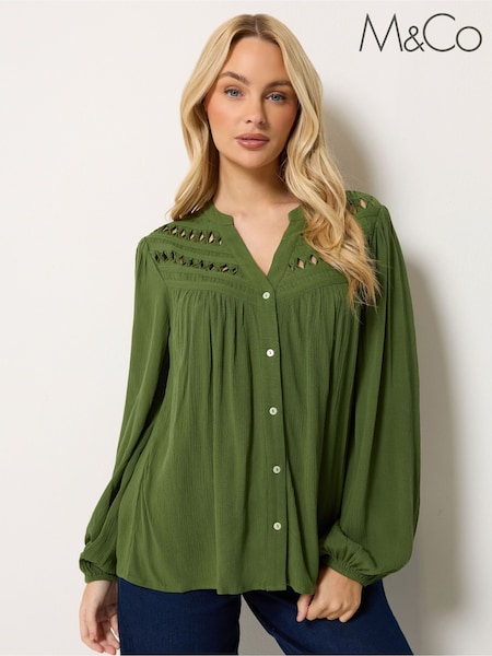 Green - M&co Crochet Insert Long Sleeve Blouse