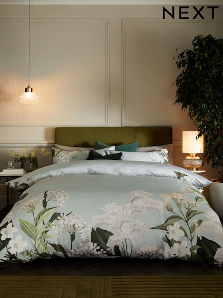 Sage Green 200 Thread Count 100% Egyptian Cotton Sateen Floral Border Duvet Cover and Pillowcase Set (138840) | €66 - €106