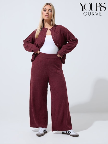 Red - Yours Curve Limited Rose Jacquard Knitted Wide Leg Trousers Co-ord