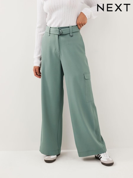 Duck Egg Blue Smart Belted Wide Leg Cargo Trousers (140446) | €10