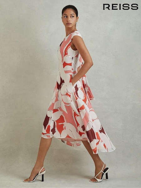 Reiss Red Becci Printed Open Back Midi Dress (140570) | 1,161 QAR
