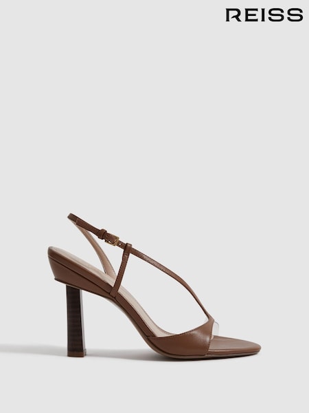 Reiss Tan Joy Leather Clear Strap Block Heels (140576) | AED1,282