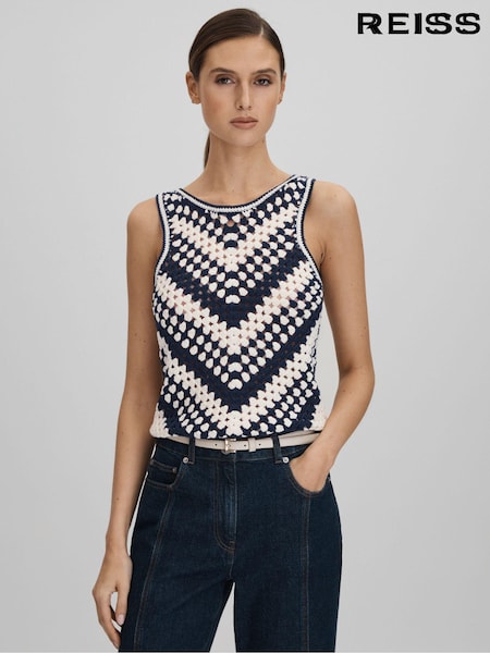 Reiss Navy/Ivory Sabrina Crochet Crew Neck Vest (140954) | €210