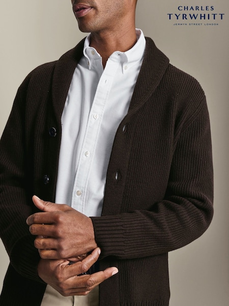 Brown - Regular Charles Tyrwhitt Chunky Merino Shawl Neck Cardigan
