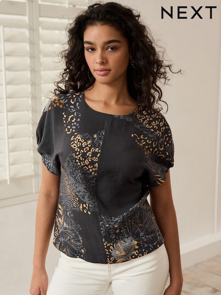 Black Animal Print Gathered Short Sleeve Textured Boxy T-Shirt (141309) | €9