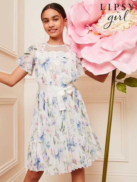 White Printed - Lipsy Flutter Sleeve Pleated Occasion Dress (5-16yrs) (142043) | 289 LEI - 336 LEI