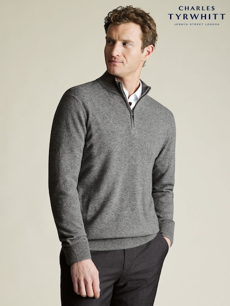 Grey - Regular Charles Tyrwhitt Denim Cashmere Zip Neck Jumper
