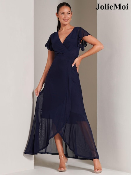 Jolie Moi Blue Racquell Plain Frill Mesh Maxi Dress (142337) | ₪397