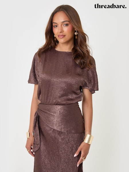 Brown - Threadbare Crinkle Satin Batwing Top