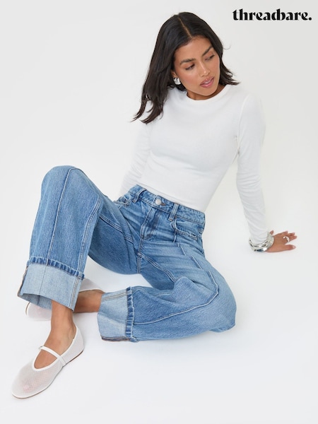 Blue - Threadbare Wide Leg Turn Up Jeans