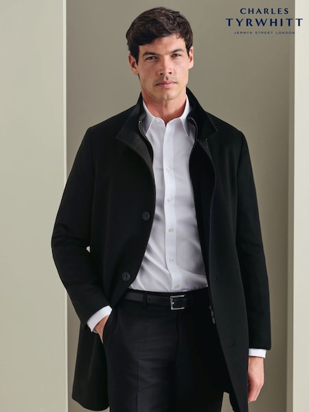 Black - Regular Charles Tyrwhitt Pure Wool Funnel Neck Overcoat