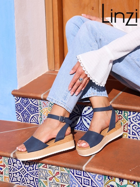 Linzi Blue Wide Fit Shore Wedges With Cork Detail And Ankle Strap (142736) | €44