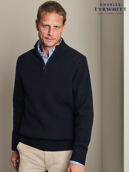 כחול כהה - Regular Charles Tyrwhitt Chunky Merino Zip Neck Jumper