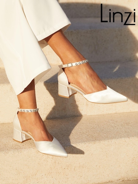 Linzi Ivory Bridal Jordanna Low Block Court Heels With Embellished Ankle Strap (142831) | 228 QAR