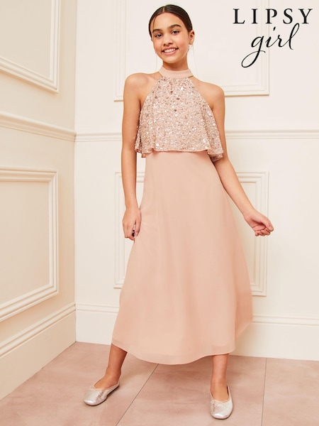 Lipsy Pink Teen Embellished Halter Occasion Skirt Dress (10-16yrs) (142901) | AED144 - AED161