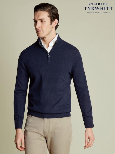 Navy Blue - Regular Charles Tyrwhitt Denim Cashmere Zip Neck Jumper