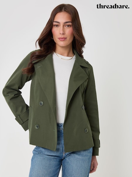 Green - Threadbare Funnel Neck Short Trench Coat