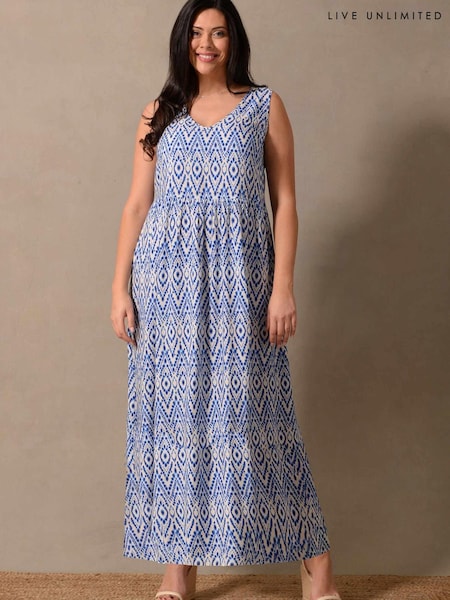 Live Unlimited Blue Curve Aztec Print V-Neck Woven Maxi Dress (143444) | €34