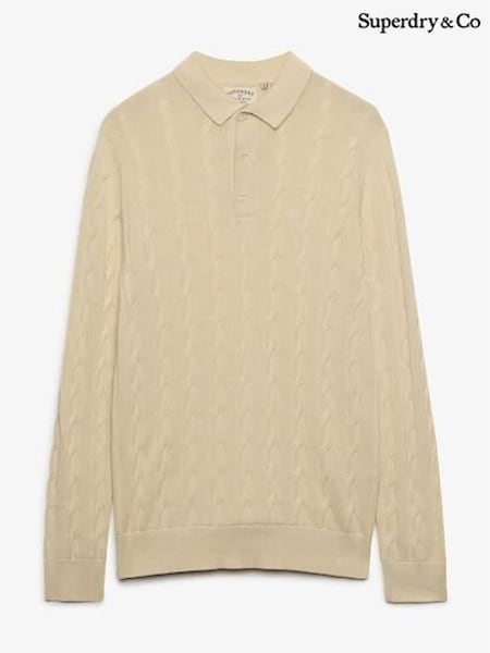 Brown - Regular Superdry Cable Knit Long Sleeve Polo Shirt