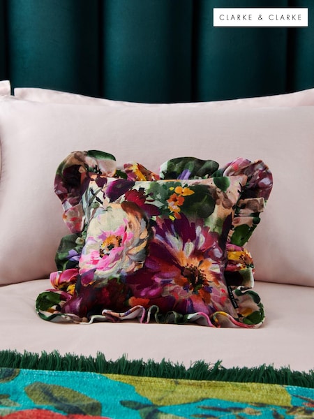 Clarke & Clarke Pink 100% Cotton Tahiti Ruffle Edge Floral Feather Filled Cushion (143778) | €34