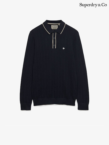 Blue - Regular Superdry Knitted Long Sleeve Polo Shirt With Tipping Detail