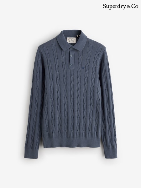 Blue - Regular Superdry Cable Knit Long Sleeve Polo Shirt