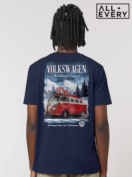 Синій - Regular All + Every Volkswagen Christmas Camper Driving Home Back Print T-shirt
