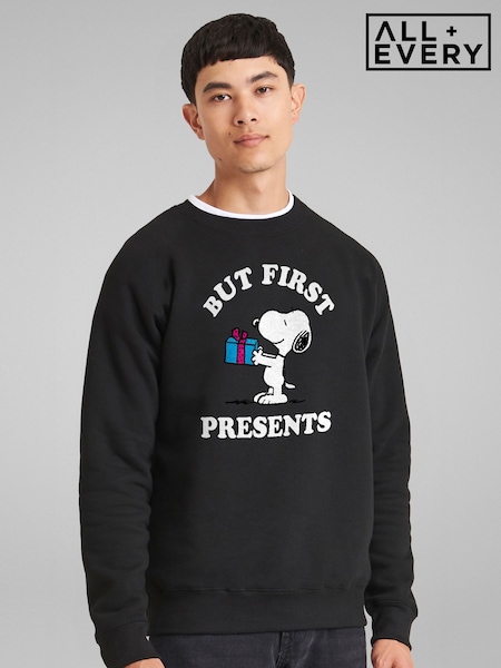 Black - Regular All + Every Peanuts Christmas But First Presents Snoopy Sweatshirt