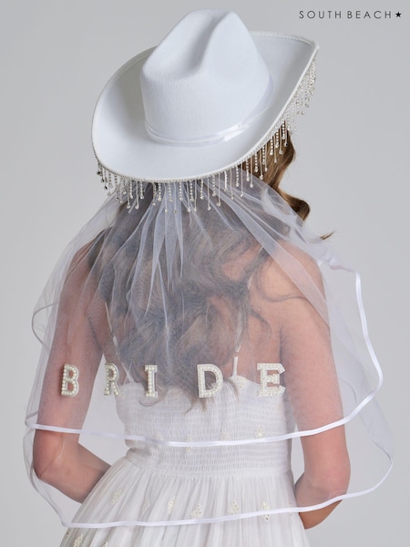 South Beach White One Last Disco Cowboy Hat With Veil (144630) | 77 QAR