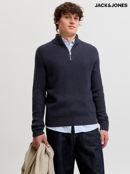 Plavo - Regular Jack & Jones Ribbed Half Zip Jumper