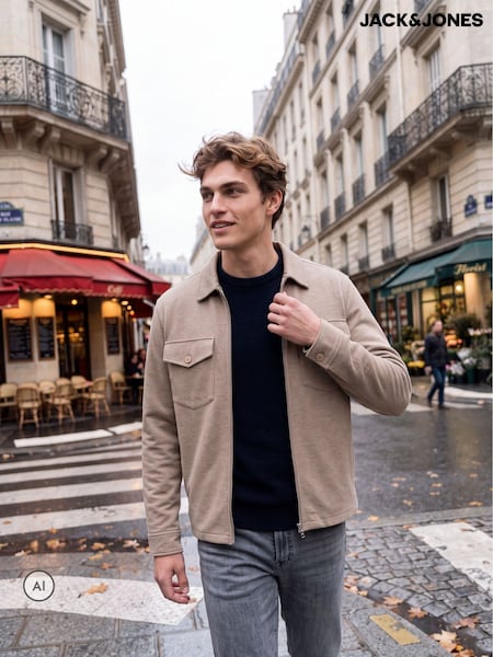 بيج - Regular Jack & Jones Zip Through Sweat Overshirt