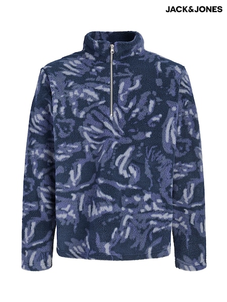 Blue - Regular Jack & Jones Half Zip Printed Fleece