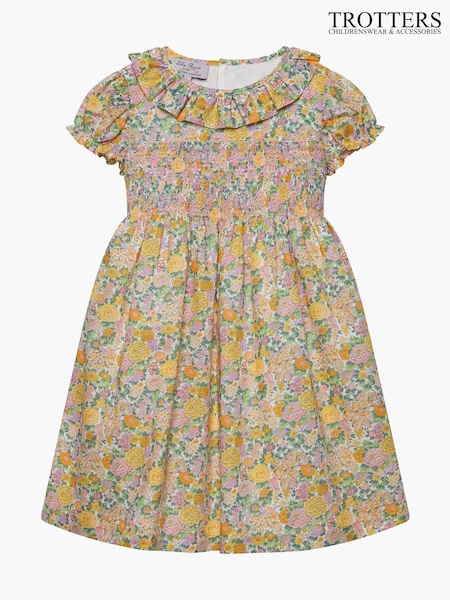 Trotters London Yellow Liberty Print Lemon Elysian Day Smocked Cotton Dress (145601) | €56 - €60