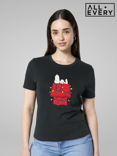 Black - All + Every Peanuts Christmas Light House Snoopy T-shirt