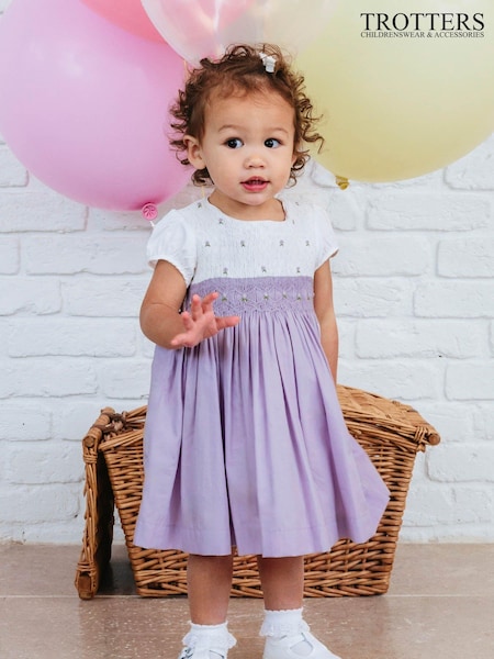 Trotters London Purple 100% Cotton Little Rose Hand Smocked Dress (145774) | ₪392