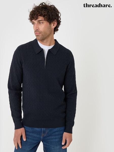 Blue - Regular Threadbare Textured Long Sleeve Quarter Zip Polo Shirt