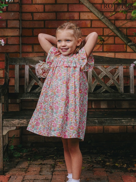Trotters London Pink Liberty Print Coral Betsy Cotton Ruffle Dress (146619) | €53 - €56