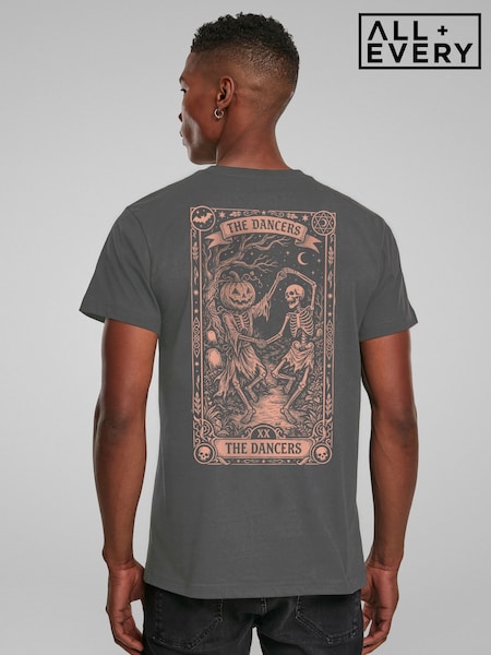 Grey - Regular All + Every Halloween The Dancers Pumpkin Skeleton Tarot Card Back Print T-shirt