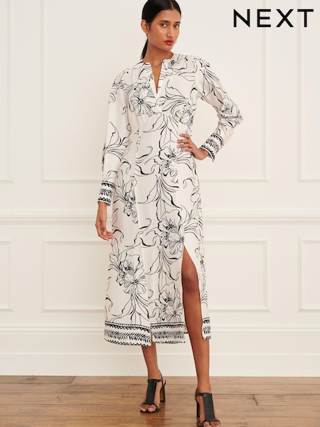Кремово-бежевый с цветочным принтом - V-Neck Detail Midi Dress (147526) | €22