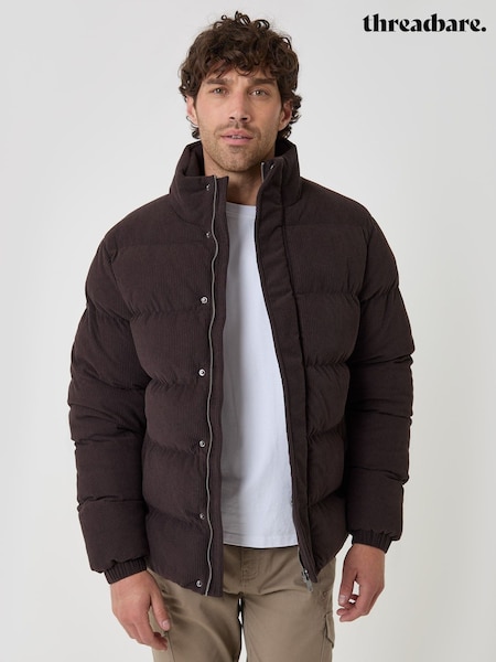 Brown - Regular Threadbare Corduroy Funnel Neck Puffer Coat