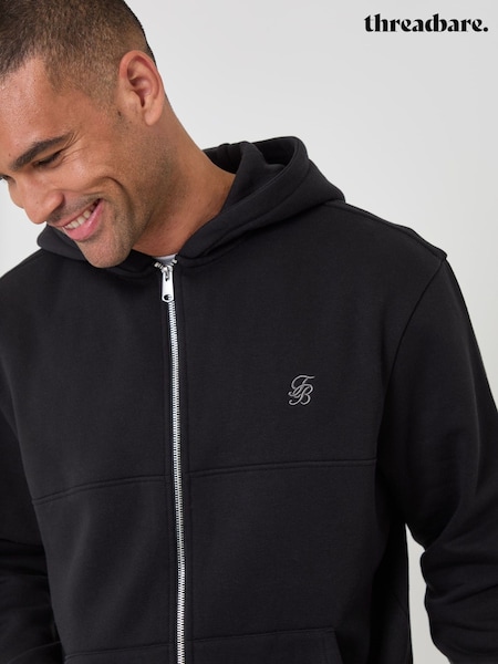 أسود - Regular Threadbare Heavyweight Relaxed Fit Cotton Rich Zip Through Hoodie