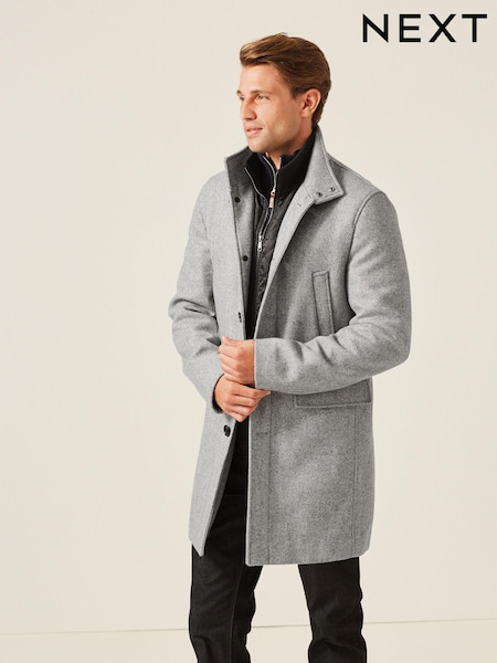 אפור בהיר - Wool Blend Mock Gilet Herringbone Padded Coat (148271) | ‏341‏₪