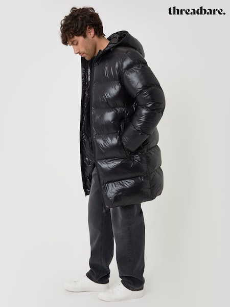 Svart - Regular Threadbare Longline Showerproof Hooded Puffer Coat