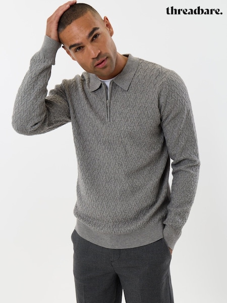 Grey - Regular Threadbare Textured Long Sleeve Quarter Zip Polo Shirt