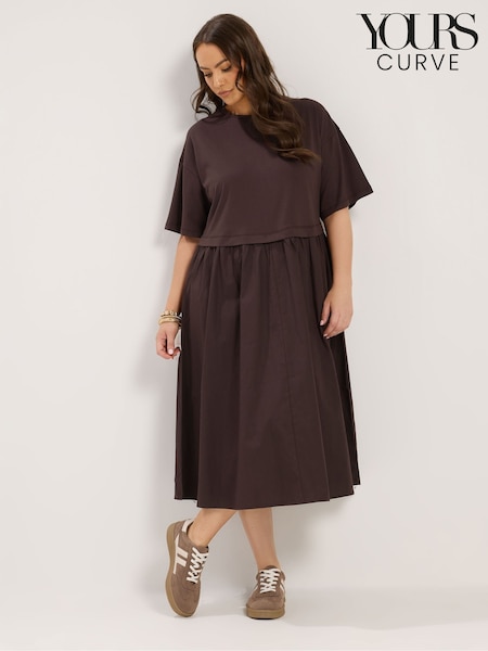 بني - Yours Curve 2 In 1 Poplin Midi Dress